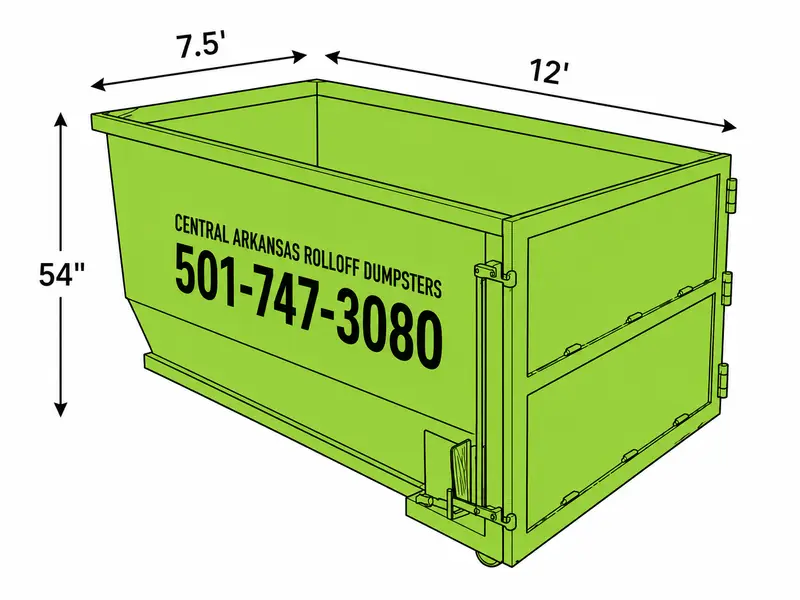 15-yard dumpster diagram showing 7.5-foot width, 12-foot length, and 54-inch height