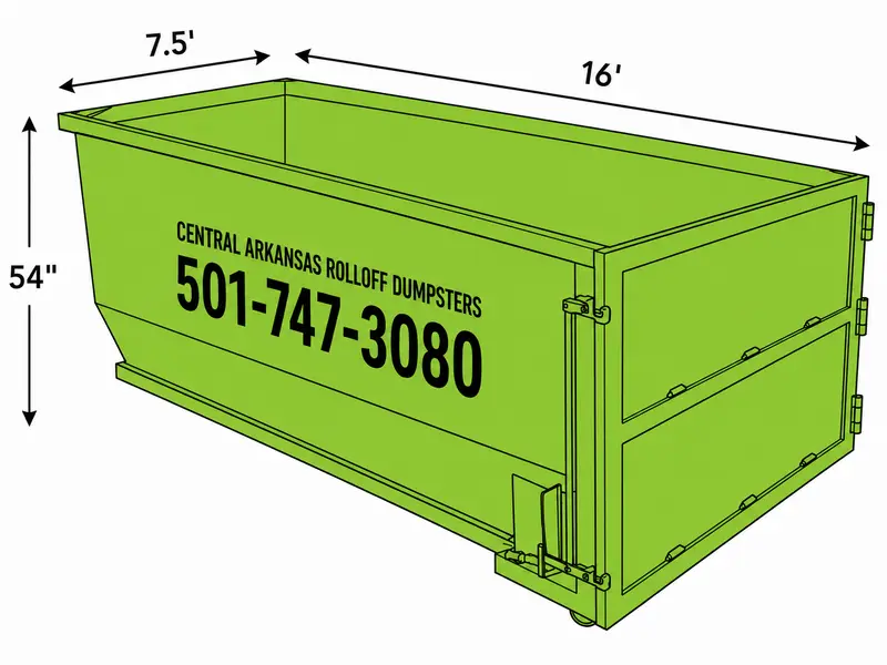 20-yard dumpster diagram showing 7.5-foot width, 16-foot length, and 54-inch height